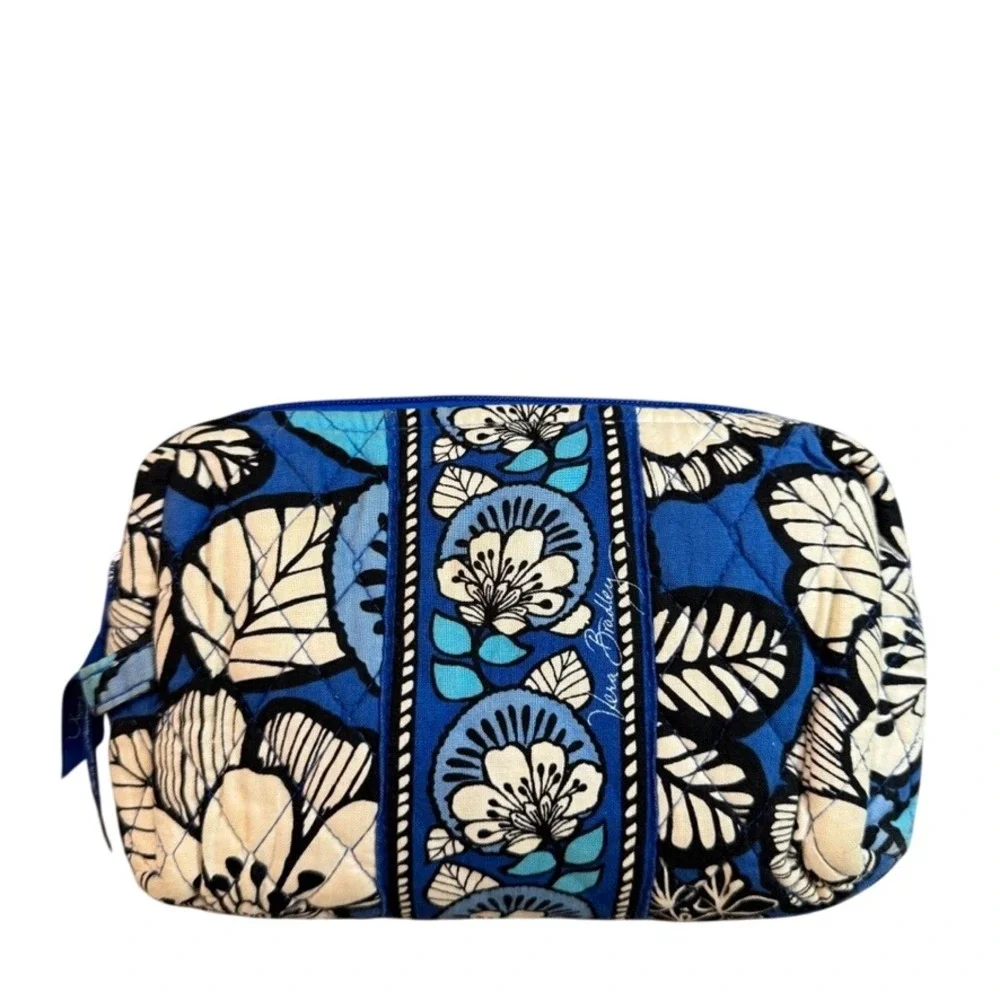 Vera Bradley Indigo Pop Cosmetic Bag Blue Floral Quilted Cotton Makeup Pouch